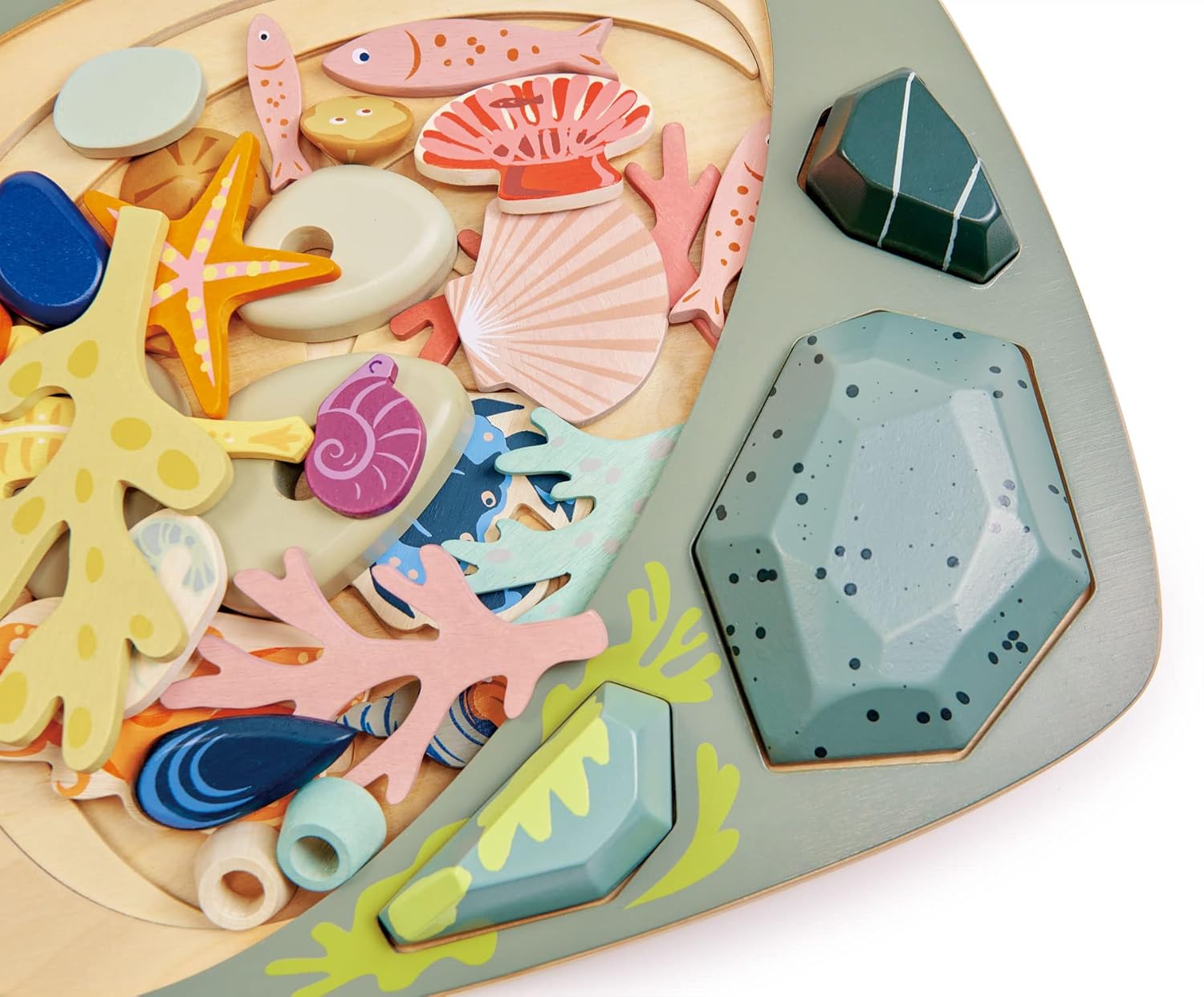 Tender Leaf Toys - My Little Rock Pool - 35 Piece Wooden Sea Life Set with Illustrated Drawstring Bag