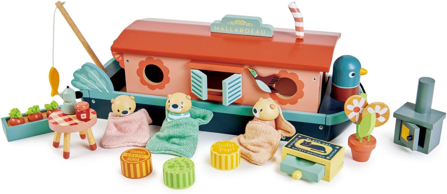 Tender Leaf Toys - Little Otter Canal Boat - 23 Pcs Furnished Wooden Boat Toy