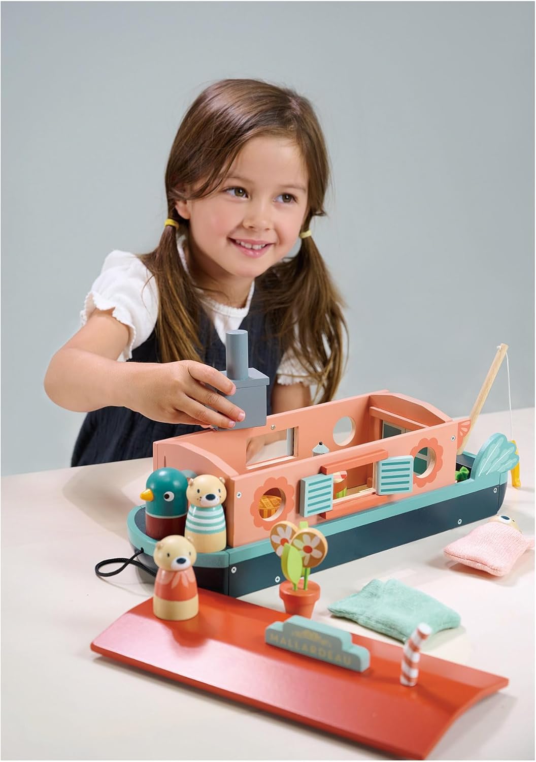 Tender Leaf Toys - Little Otter Canal Boat - 23 Pcs Furnished Wooden Boat Toy
