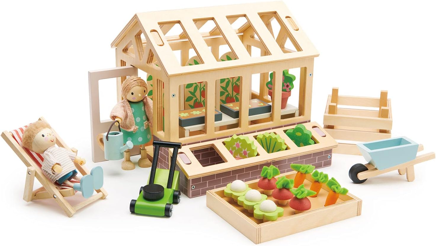 Tender Leaf Toys - Greenhouse Garden Set - 28 Pcs Natural Gardening Miniature Pretend Play Set, Wooden Harvest Farm Toys