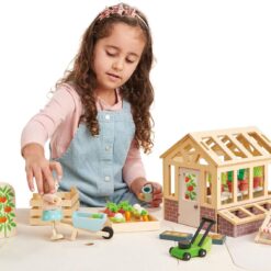 Tender Leaf Toys - Greenhouse Garden Set - 28 Pcs Natural Gardening Miniature Pretend Play Set, Wooden Harvest Farm Toys