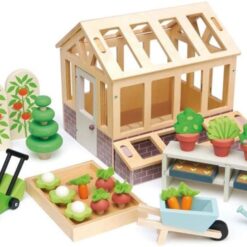 Tender Leaf Toys - Greenhouse Garden Set - 28 Pcs Natural Gardening Miniature Pretend Play Set, Wooden Harvest Farm Toys