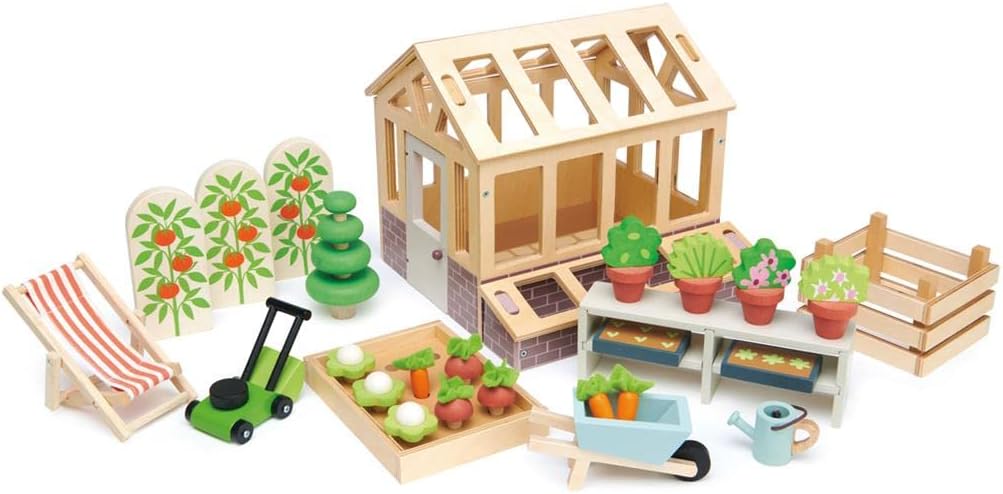 Tender Leaf Toys - Greenhouse Garden Set - 28 Pcs Natural Gardening Miniature Pretend Play Set, Wooden Harvest Farm Toys