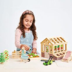 Tender Leaf Toys - Greenhouse Garden Set - 28 Pcs Natural Gardening Miniature Pretend Play Set, Wooden Harvest Farm Toys