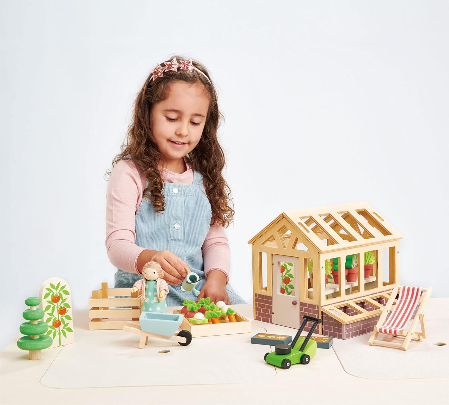 Tender Leaf Toys - Greenhouse Garden Set - 28 Pcs Natural Gardening Miniature Pretend Play Set, Wooden Harvest Farm Toys