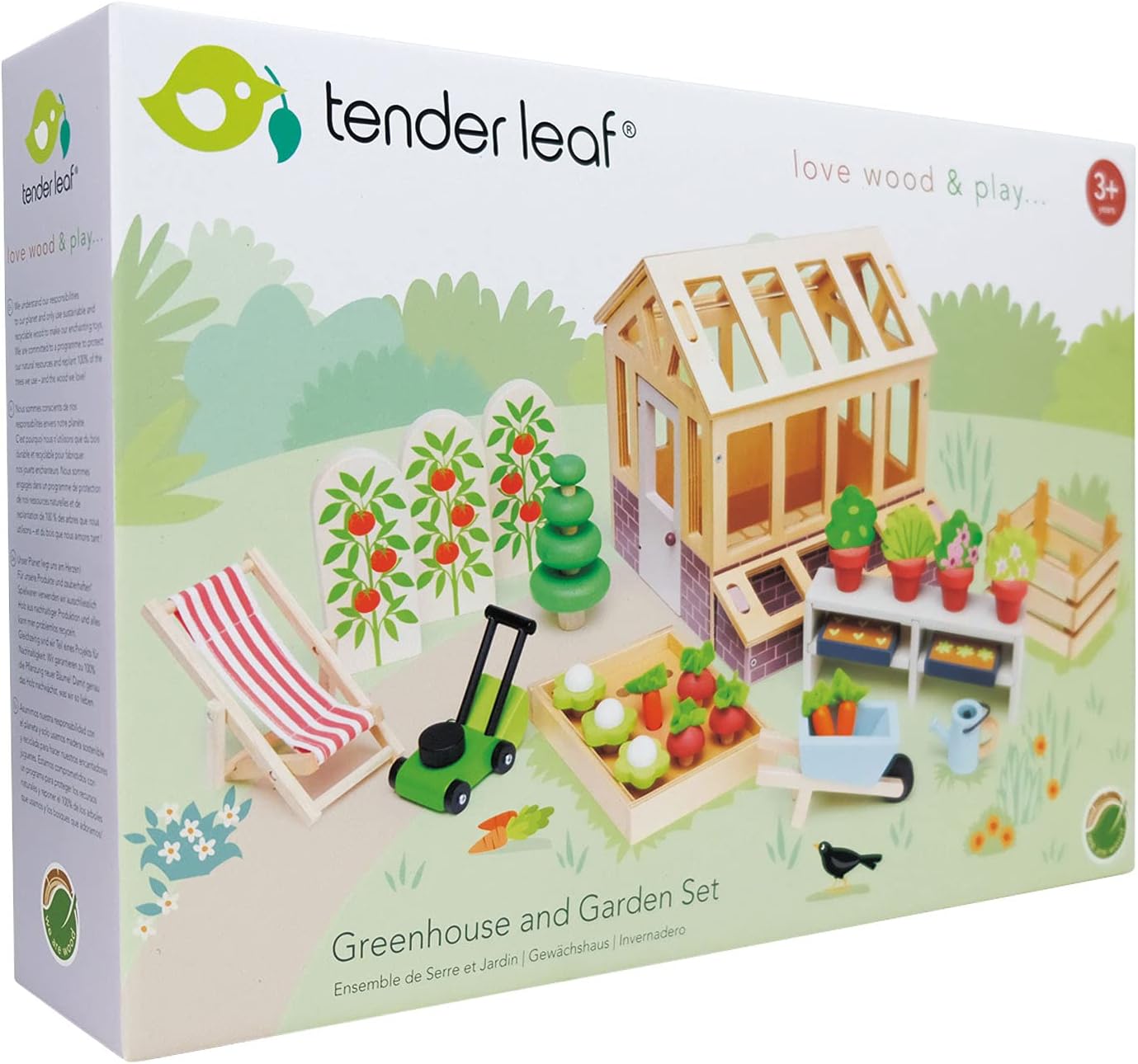Tender Leaf Toys - Greenhouse Garden Set - 28 Pcs Natural Gardening Miniature Pretend Play Set, Wooden Harvest Farm Toys
