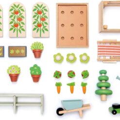 Tender Leaf Toys - Greenhouse Garden Set - 28 Pcs Natural Gardening Miniature Pretend Play Set, Wooden Harvest Farm Toys