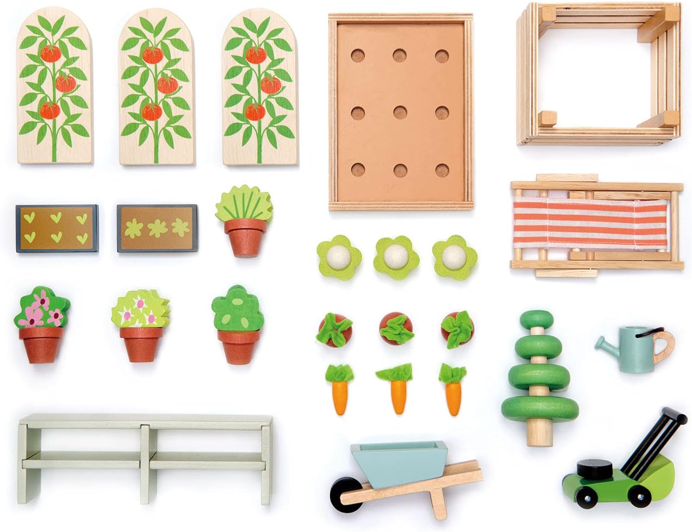 Tender Leaf Toys - Greenhouse Garden Set - 28 Pcs Natural Gardening Miniature Pretend Play Set, Wooden Harvest Farm Toys