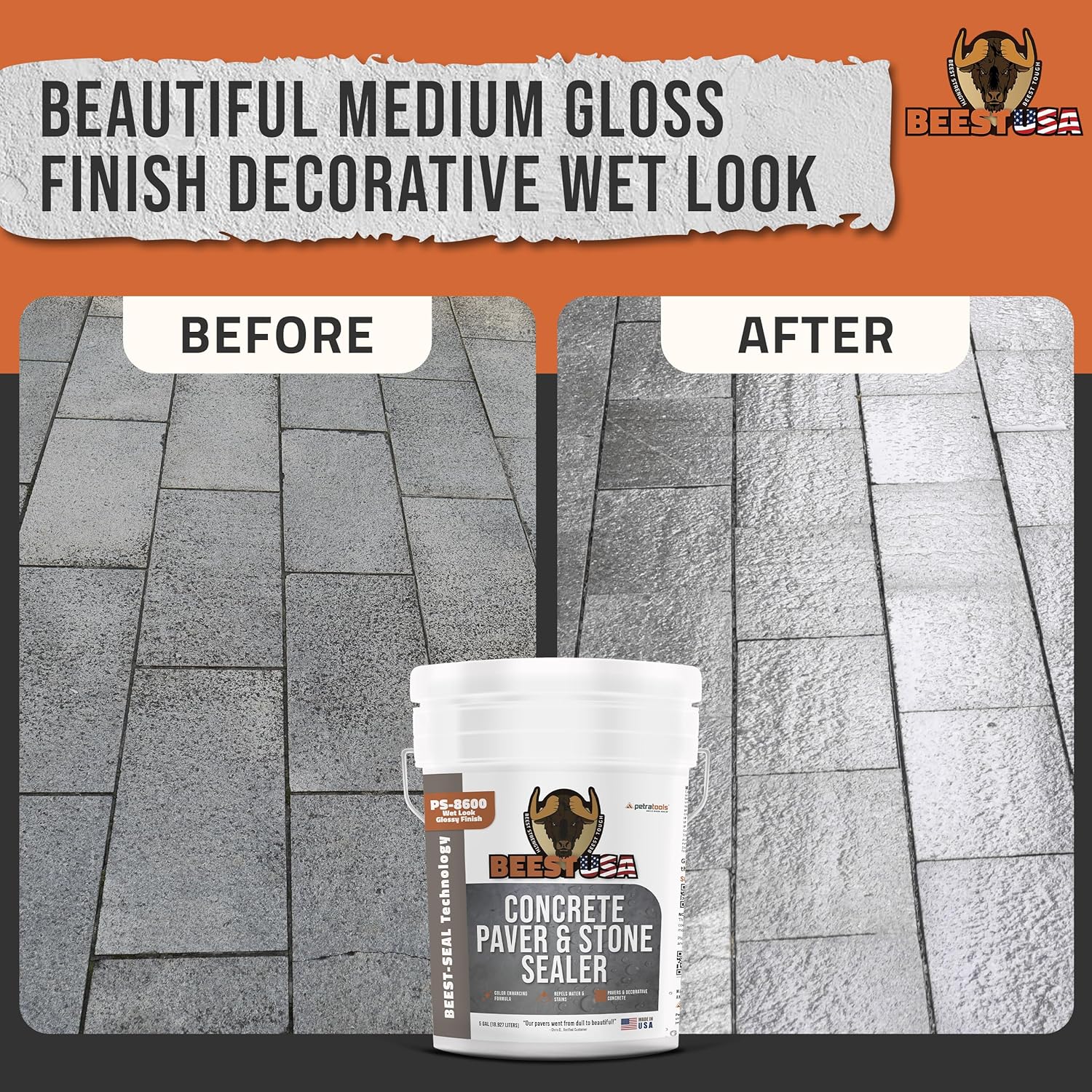 Paver Sealer - 8600 Wet Look (Medium Gloss) - 5 Gallon Covers up to 875-1250 sq ft (2 Coats)| Concrete Sealer Outdoor