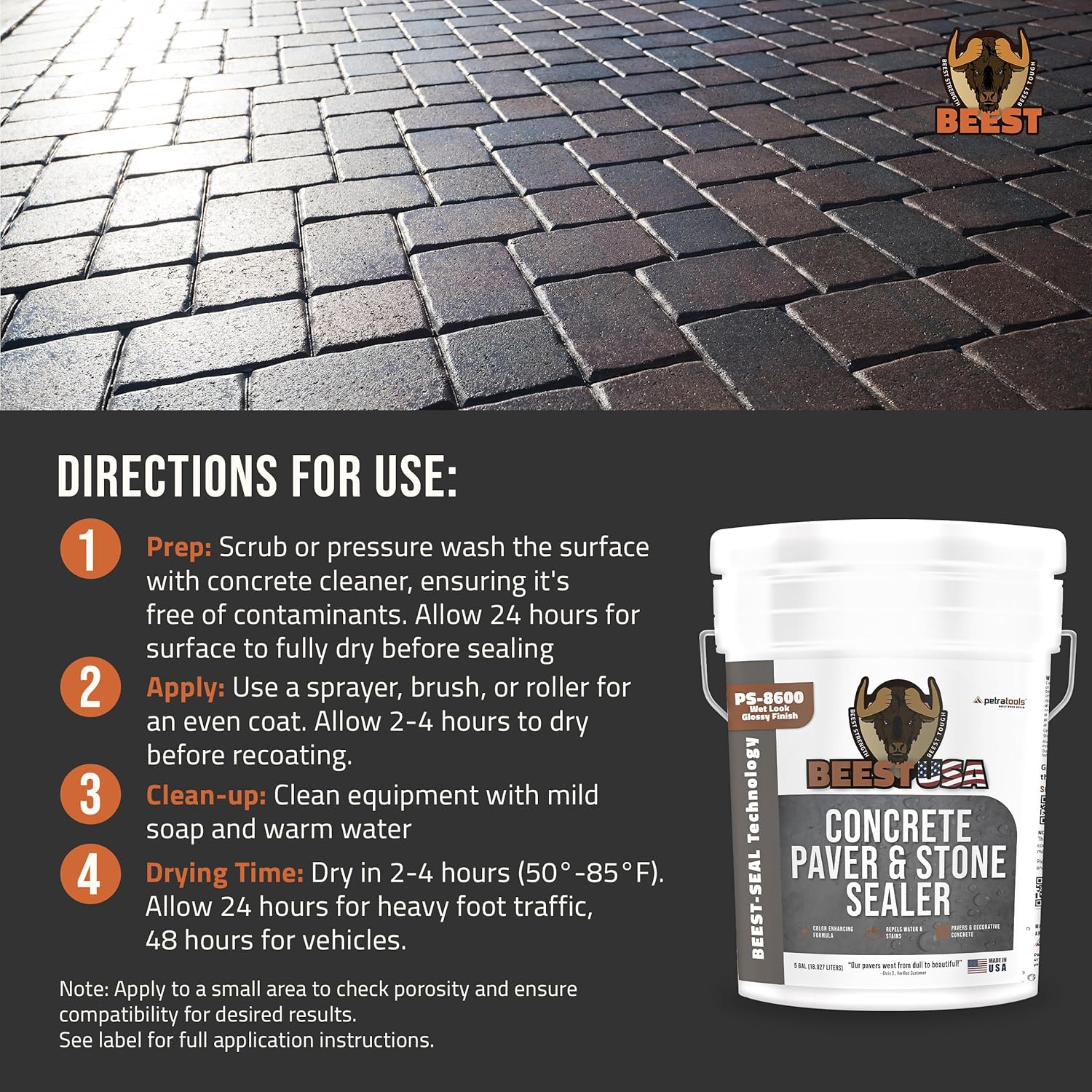 Paver Sealer - 8600 Wet Look (Medium Gloss) - 5 Gallon Covers up to 875-1250 sq ft (2 Coats)| Concrete Sealer Outdoor