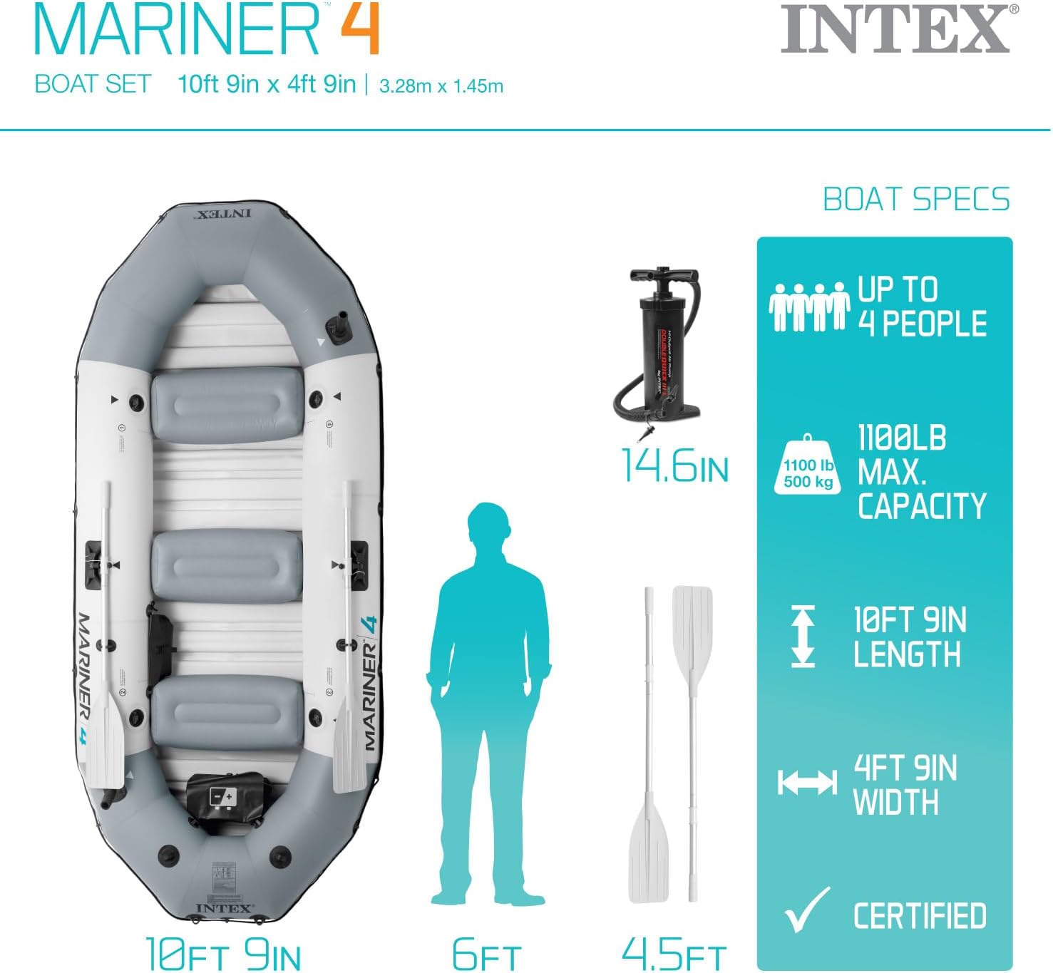 INTEX 68373EP Mariner 3 Inflatable Boat Set: Includes Deluxe 54in Boat Oars and High-Output Pump – 3-Person – 880lb Weight Capacity