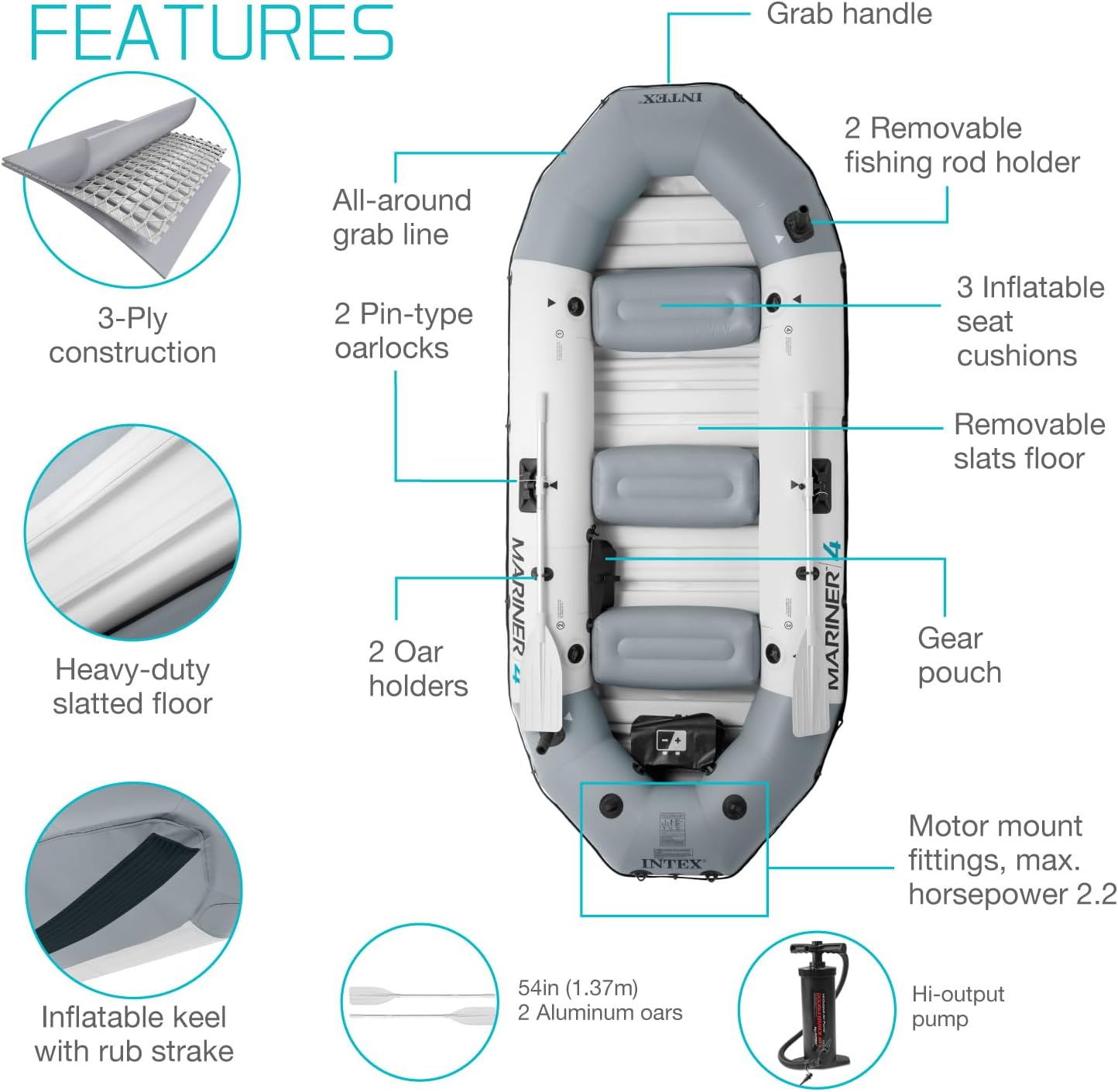 INTEX 68373EP Mariner 3 Inflatable Boat Set: Includes Deluxe 54in Boat Oars and High-Output Pump – 3-Person – 880lb Weight Capacity