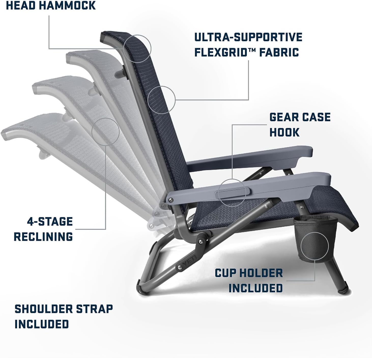 YETI Hondo Reclining Beach Chair, Breathable, UV-Resistant, and Supports up to 350 lbs, Navy