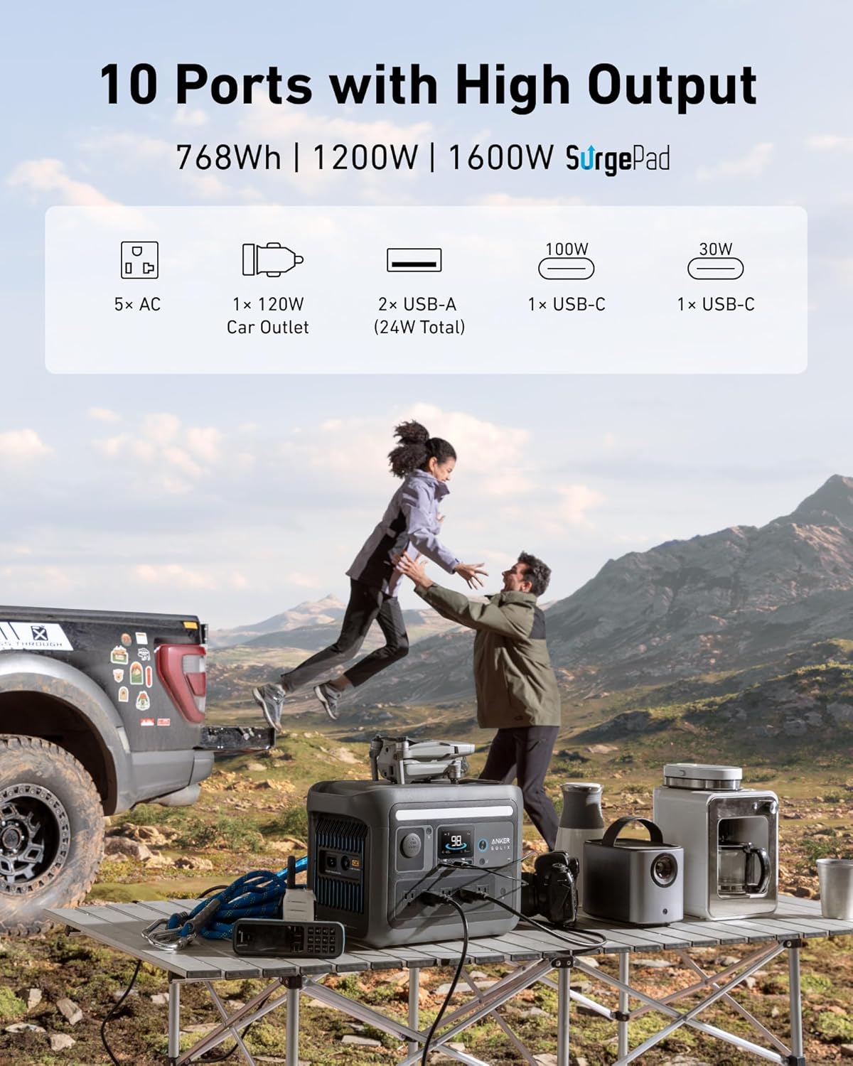 Anker SOLIX C800 Portable Power Station, 1200W (Peak 1600W) Solar Generator, Full Charge in 58 Min, 768Wh LiFePO4 Battery