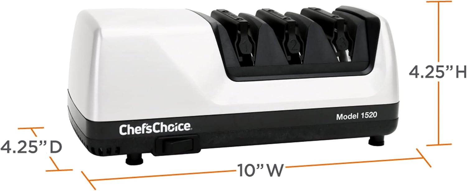 Chef’sChoice Professional Electric Knife Sharpeners for 15- and 20-Degree Straight-Edge and Serrated Knives with Diamond Abrasives & Precision Angle Control, 3-Stage, White