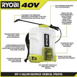 RYOBI 40V Cordless Battery 4 Gal. Backpack Chemical Sprayer with 2.0 Ah Battery and Charger RY40310