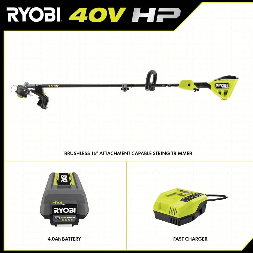 RYOBI 40V HP Brushless 16 in. Cordless Carbon Fiber Shaft Attachment Capable String Trimmer with 4.0 Ah Battery and Charger RY40HPST01K