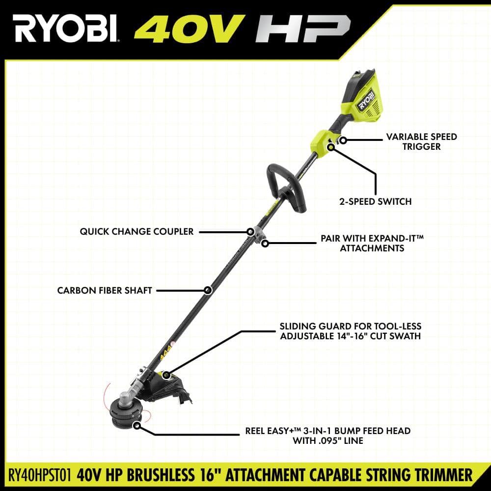 RYOBI 40V HP Brushless 16 in. Cordless Carbon Fiber Shaft Attachment Capable String Trimmer with 4.0 Ah Battery and Charger RY40HPST01K