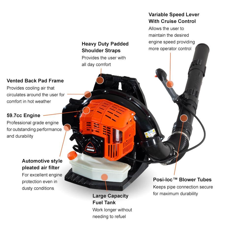 ECHO 200 MPH 700 CFM 59.7 cc Gas Low Exhaust Emission Engine Backpack Leaf Blower with Tube-Mounted Throttle PB-5810T