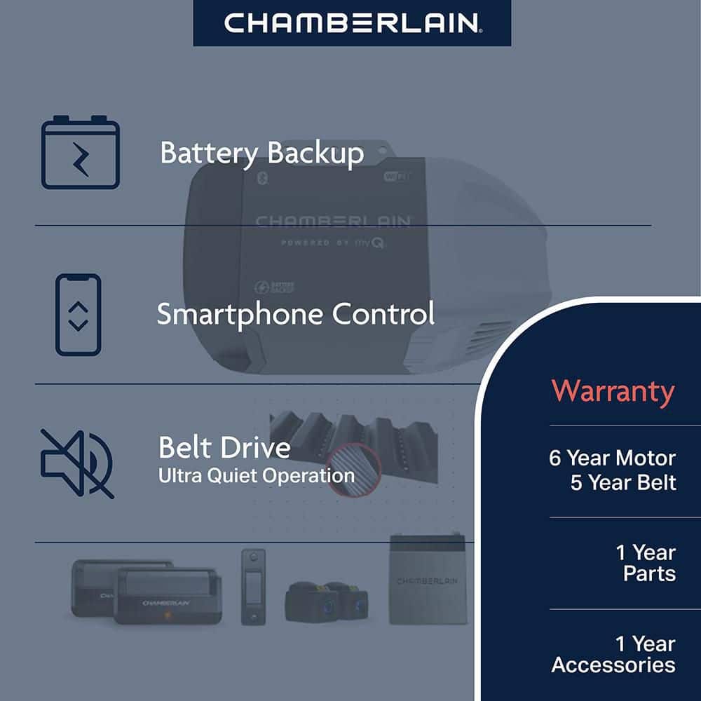 Chamberlain 1/2 HP Smart Quiet Belt Drive Garage Door Opener with Battery Backup B2211T