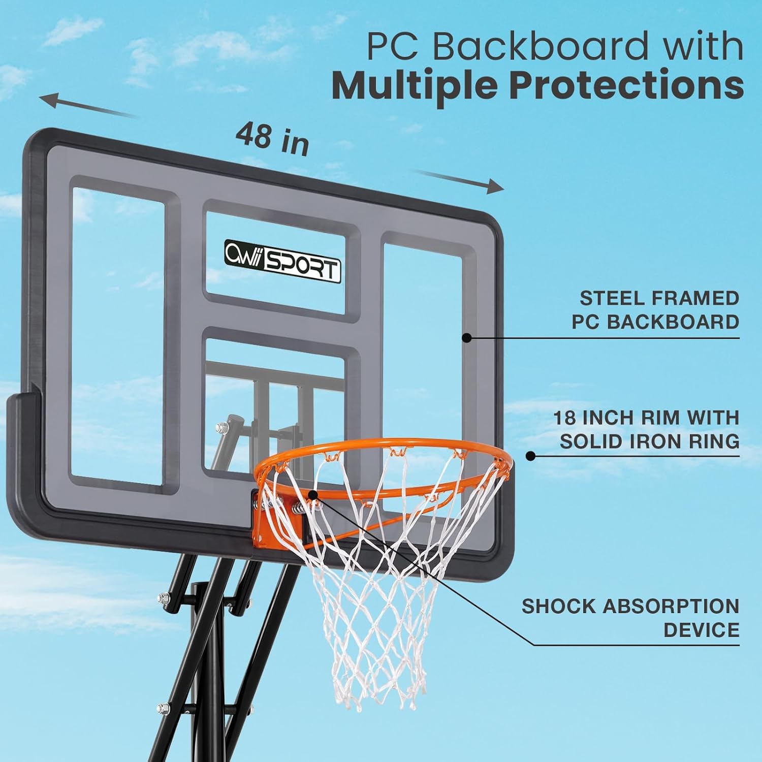 Basketball Hoop Outdoor 48Inch Impact Backboard, 5.3-10FT Height Adjustable Basketball Hoop Goal System with Portable Wheels for Adults