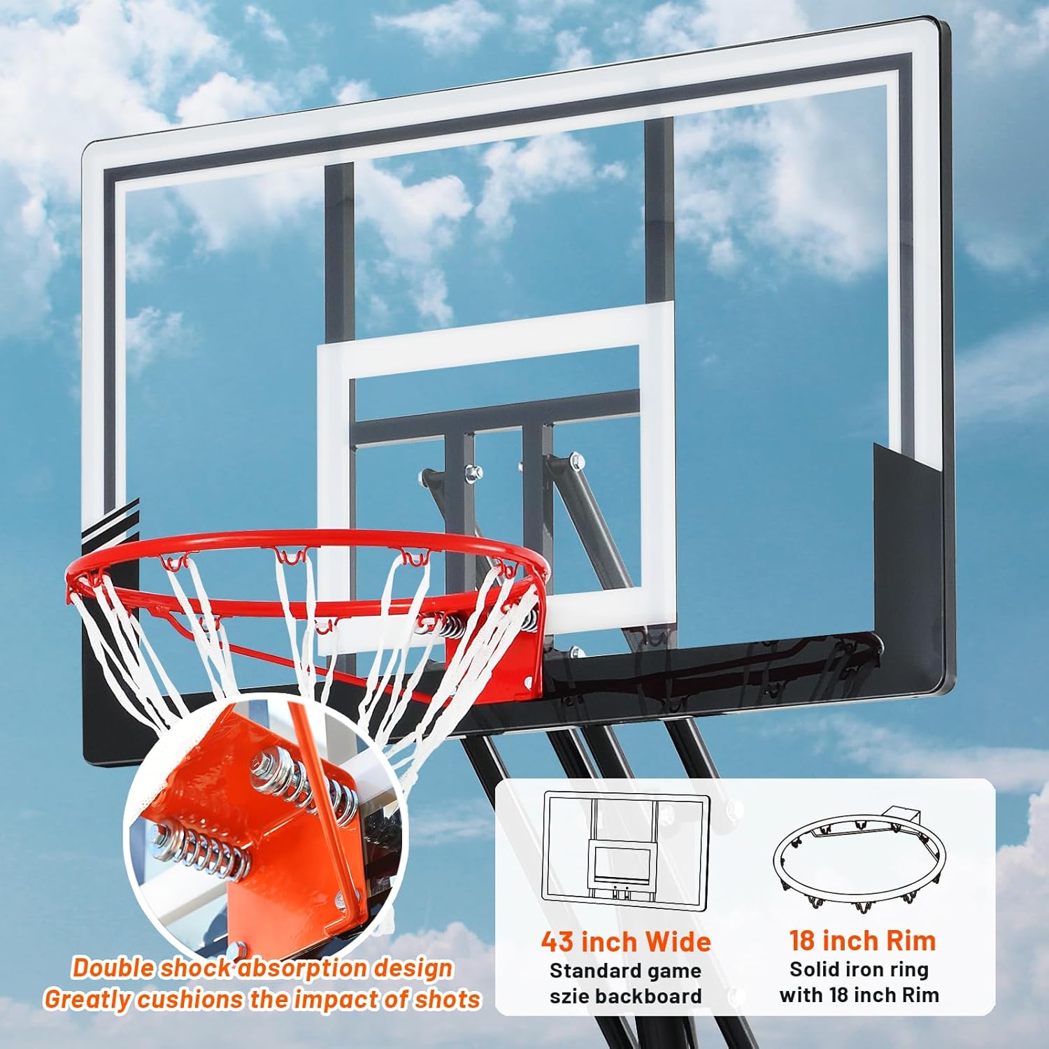 Basketball Hoop 44 Inch Backboard Portable Basketball Hoop Outdoor,5.3-10ft Stepless Regulation Crank Adjust Basketball Goal System,White and Black