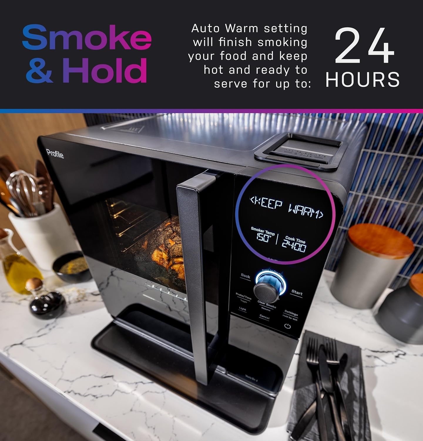 GE Profile Smart Indoor Pellet Smoker, with Active Smoke Filtration, 5 Smoke Control Settings, WiFi Connected, Electric, Countertop BBQ Appliance, Black