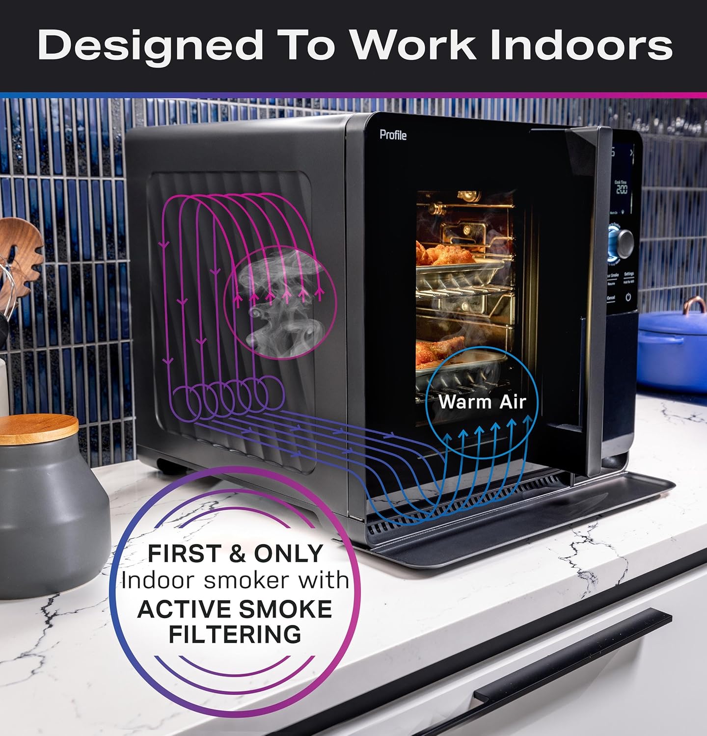 GE Profile Smart Indoor Pellet Smoker, with Active Smoke Filtration, 5 Smoke Control Settings, WiFi Connected, Electric, Countertop BBQ Appliance, Black