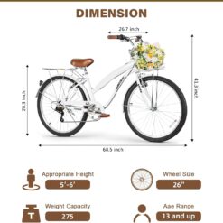 WEIZE Beach Cruiser Bike, 26 inch Commuter Bicycle, White