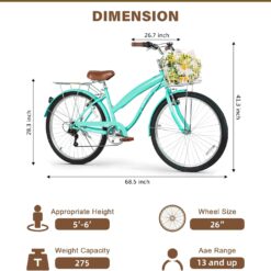 WEIZE Beach Cruiser Bike, 26 inch Commuter Bicycle, Teal