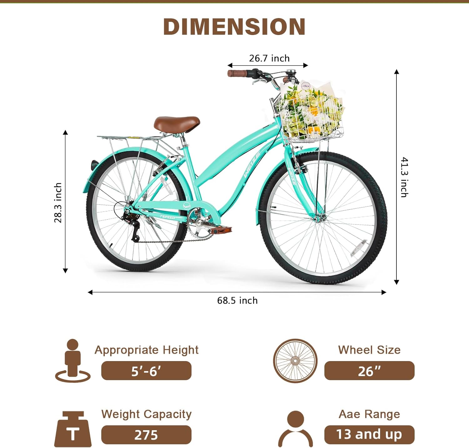 WEIZE Beach Cruiser Bike, 26 inch Commuter Bicycle, Teal