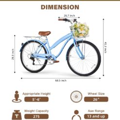 WEIZE Beach Cruiser Bike, 26 inch Commuter Bicycle, Blue