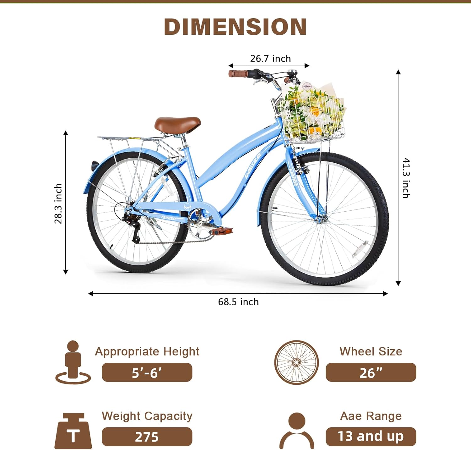 WEIZE Beach Cruiser Bike, 26 inch Commuter Bicycle, Blue
