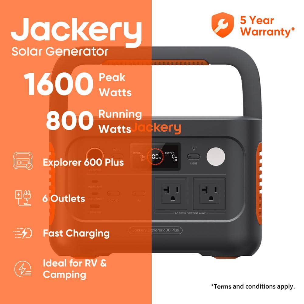 Jackery 800-Watt Output/1600 Peak Portable Power Station Explorer 600 Plus Push Button Start Battery Generator for Outdoors HTE112600A