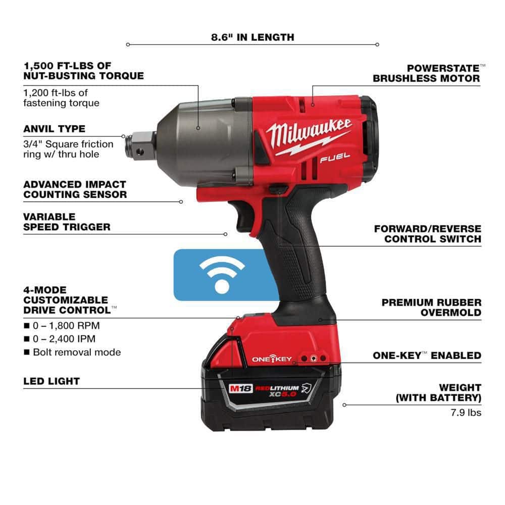 Milwaukee M18 FUEL ONE-KEY 18V Li-Ion Brushless Cordless 3/4 in. High-Torque Impact Wrench with Friction Ring, Resistant Batteries 2864-22R