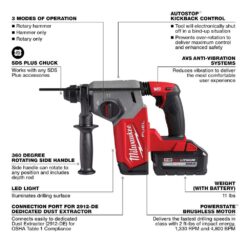 Milwaukee M18 FUEL 18V Lithium-Ion Brushless 1 in. Cordless SDS-Plus Rotary Hammer Kit with Two 6.0 Ah Batteries, Hard Case 2912-22