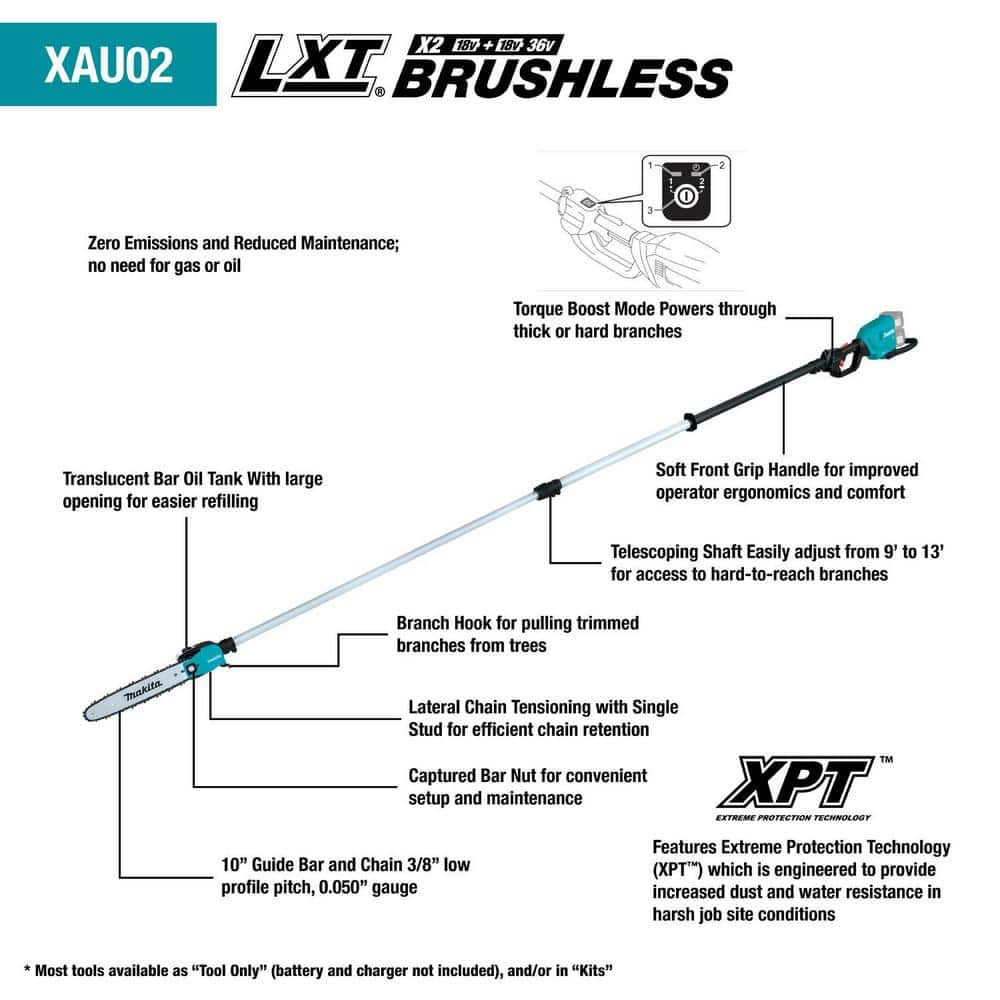 Makita LXT 18V X2 (36V) Lithium-Ion Brushless Cordless 10 in. Telescoping Pole Saw, 13 ft. L (Tool Only) XAU02ZB