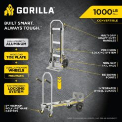 Gorilla 1,000 lbs. Capacity Convertible All Aluminum Hand Truck with Multi-Grip Power Handle, Wide Load Toe Plate Technology GHA2-10