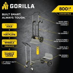 Gorilla 800 lbs. Capacity Convertible Steel Hand Truck, Wide Dual Mode Adjustable Height Handle, Simple/Safe Flatbed Conversion GH2-8