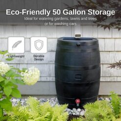 Phewnyzo 50 Gal. Black Plastic Rain Barrel, Recyclable Rain Water Collection Barrel Cabinet for Outdoor Plants, Garden, Landscape 28E105SA05