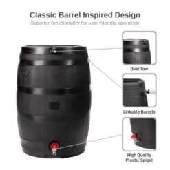 Phewnyzo 50 Gal. Black Plastic Rain Barrel, Recyclable Rain Water Collection Barrel Cabinet for Outdoor Plants, Garden, Landscape 28E105SA05