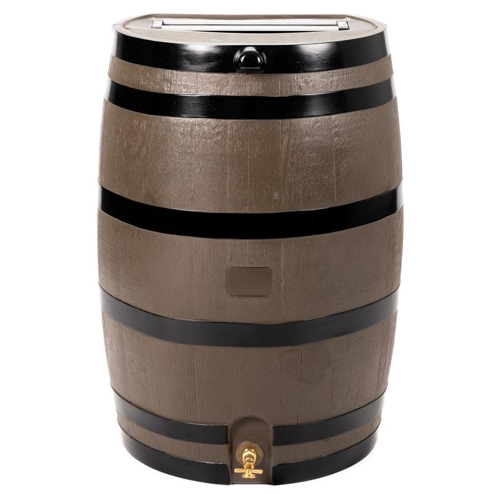 RTS Home Accents 50 Gal. Rain Barrel Woodgrain with Black Stripes Color with Brass Spigot 55100006005681