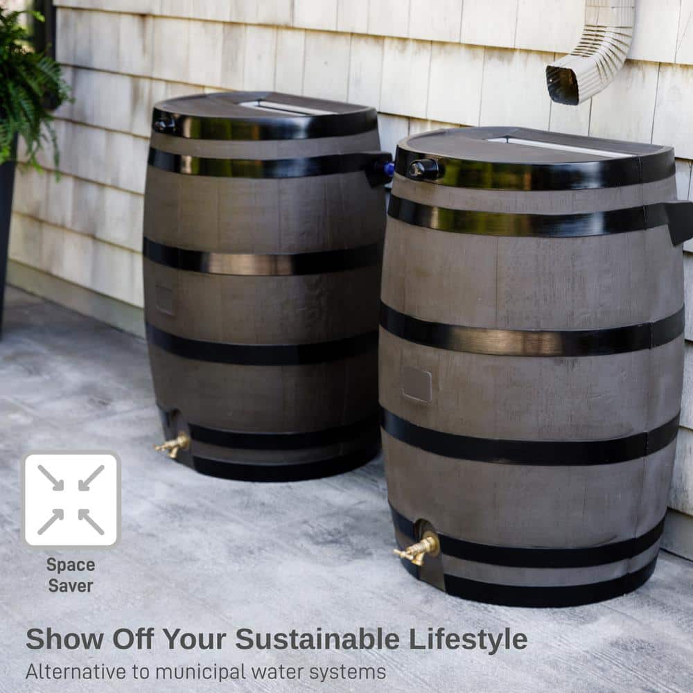 RTS Home Accents 50 Gal. Rain Barrel Woodgrain with Black Stripes Color with Brass Spigot 55100006005681