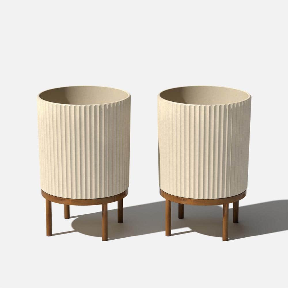 Veradek Demi 16 in. Raised with Stand Round Sand Plastic Planter with Brown Stand (2-Pack) DMSTV16TBR-2PK