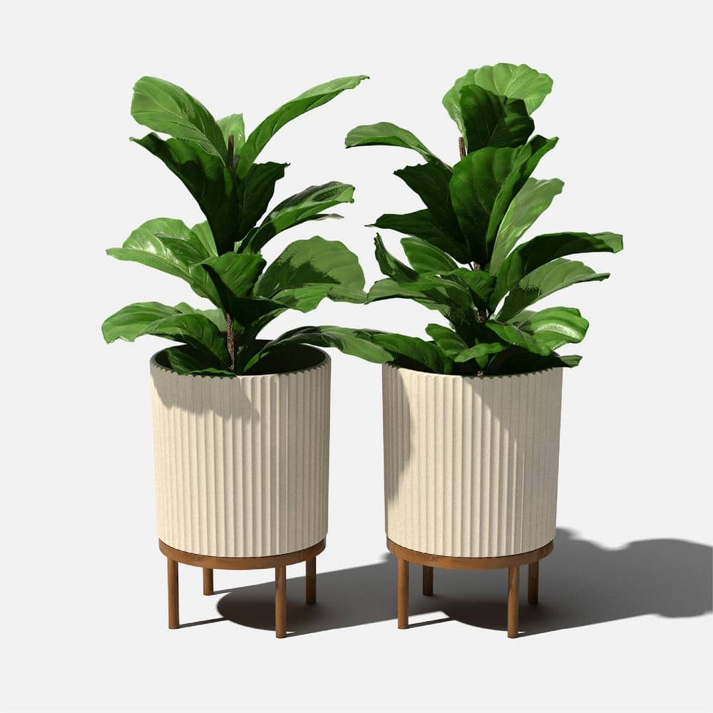 Veradek Demi 16 in. Raised with Stand Round Sand Plastic Planter with Brown Stand (2-Pack) DMSTV16TBR-2PK