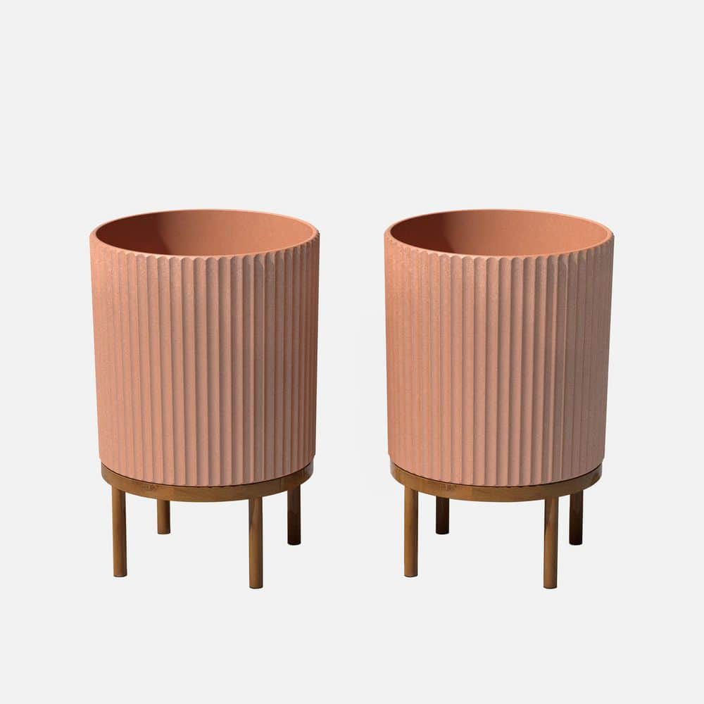 Veradek Demi 16 in. Raised with Stand Round Terracotta Plastic Planter with Brown Stand (2 Pack) DMSTV16ABR-2PK