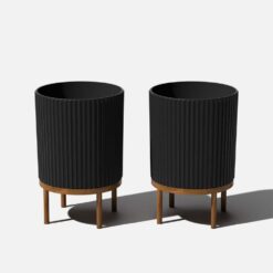 Veradek Demi 16 in. Raised with Stand Round Black Plastic Planter with Brown Stand (2-Pack) DMSTV16BBR-2PK