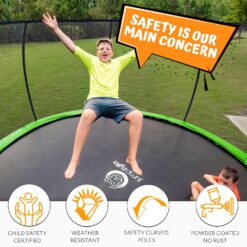 JUMPZYLLA Trampoline Outdoor 10FT with Enclosure and Ladder, ASTM Approved Recreational Trampoline for Kids and Adults, Anti-Rust Coated Frame, Green