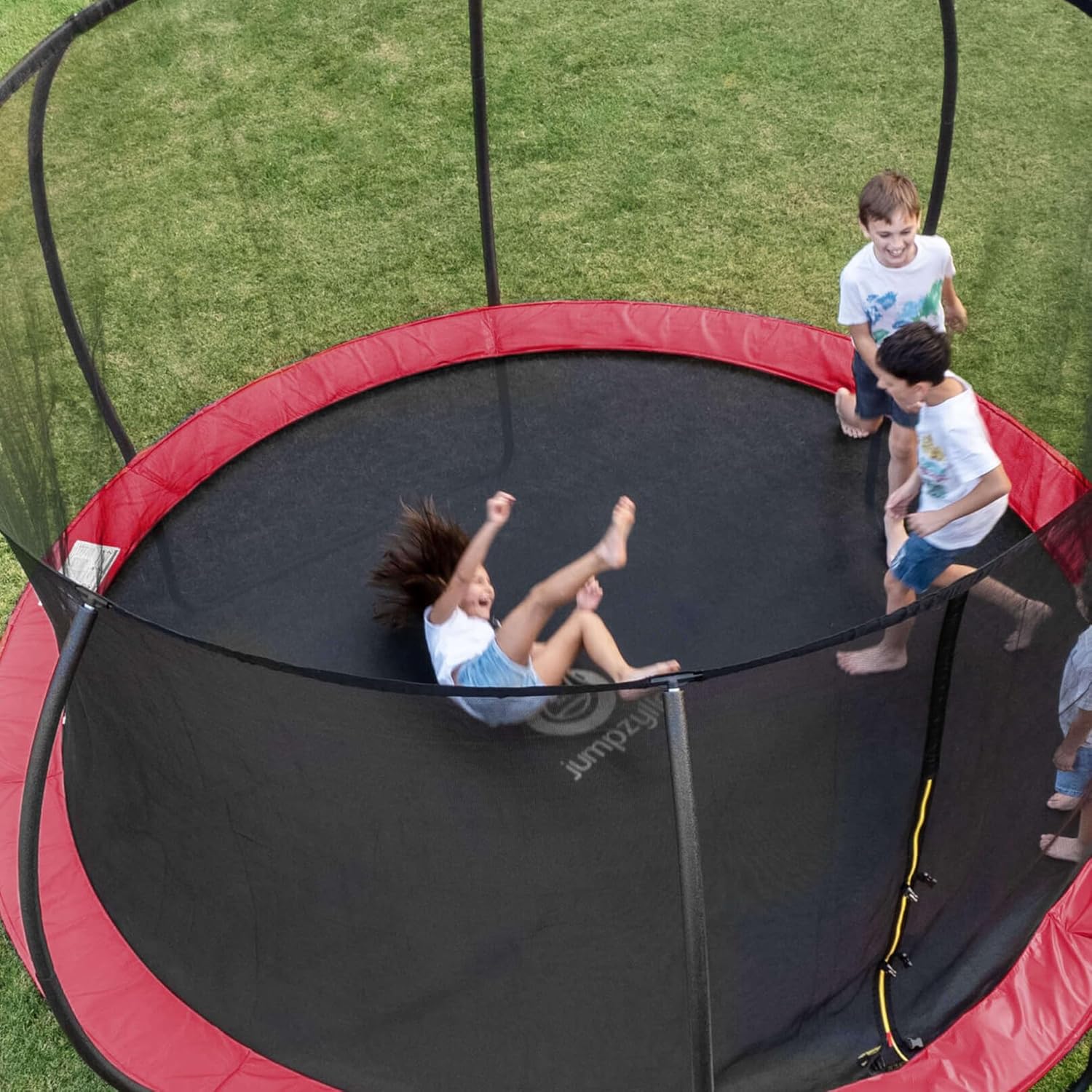 JUMPZYLLA Trampoline Outdoor 12FT with Enclosure and Ladder, ASTM Approved Recreational Trampoline for Kids and Adults, Anti-Rust Coated Frame, Red