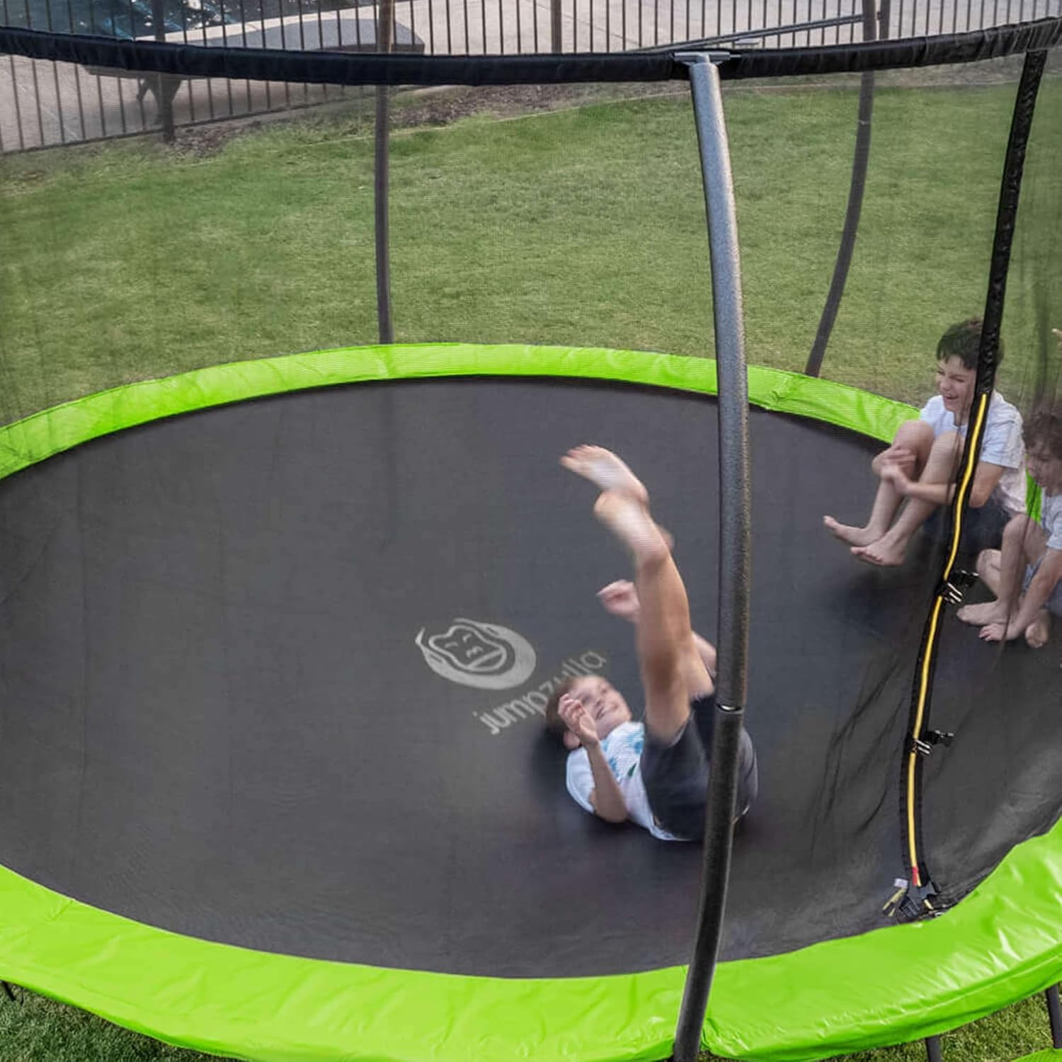 JUMPZYLLA Trampoline Outdoor 14FT with Enclosure and Ladder, ASTM Approved Recreational Trampoline for Kids and Adults, Anti-Rust Coated Frame, Green
